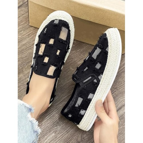 Letter Patched Mesh Insert Frayed Slip On Shoes