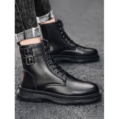 Buckle Decor Lace Up Combat Boots