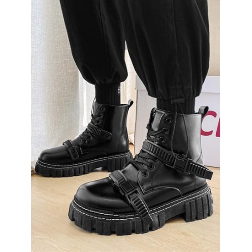 Buckle Lace Up Contrast Stitching Combat Boots