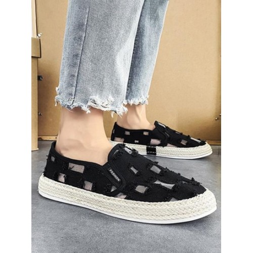 Letter Patched Mesh Insert Frayed Slip On Shoes