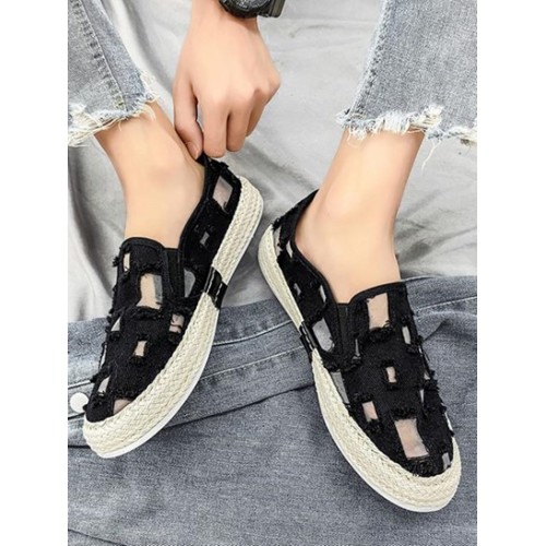 Letter Patched Mesh Insert Frayed Slip On Shoes