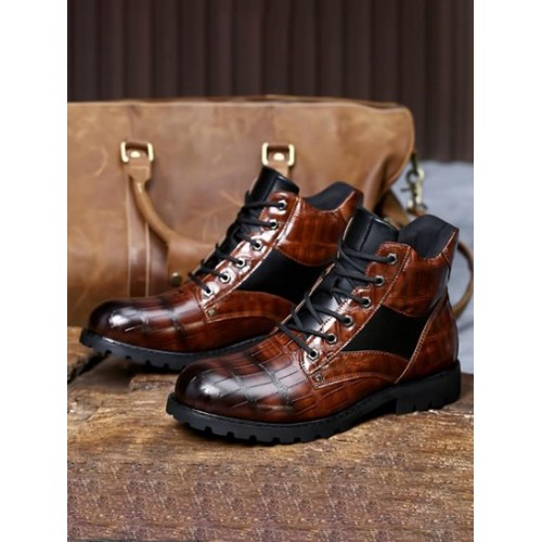 Embossed PU Lace Up Boots