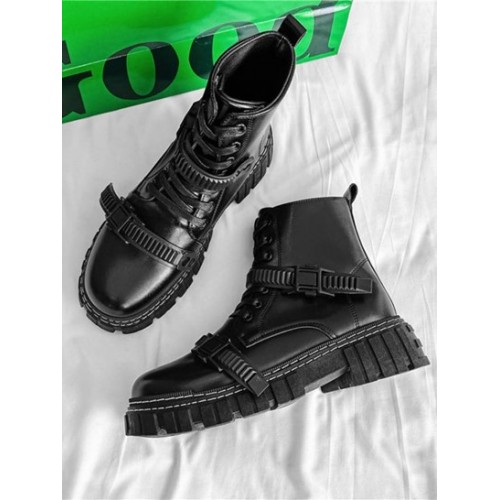 Buckle Contrast Stitching Lace Up Combat Boots